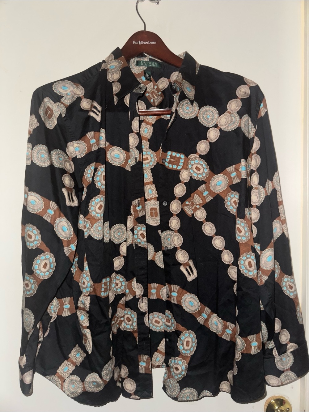 Lauren Ralph Lauren Black Button-Up Shirt with Brown & Turquoise Chain Motif